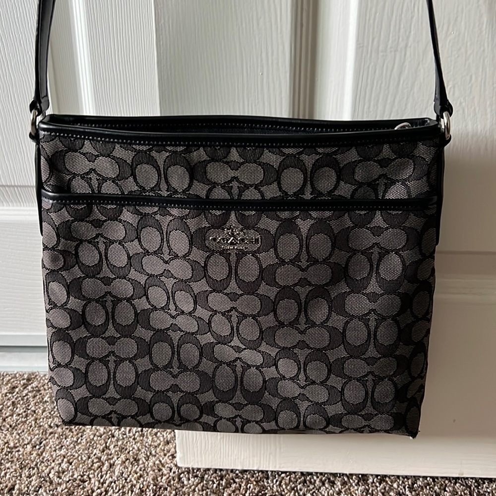 Coach Outline Signature Jacquard Crossbody File Bag in Black Gray F58285